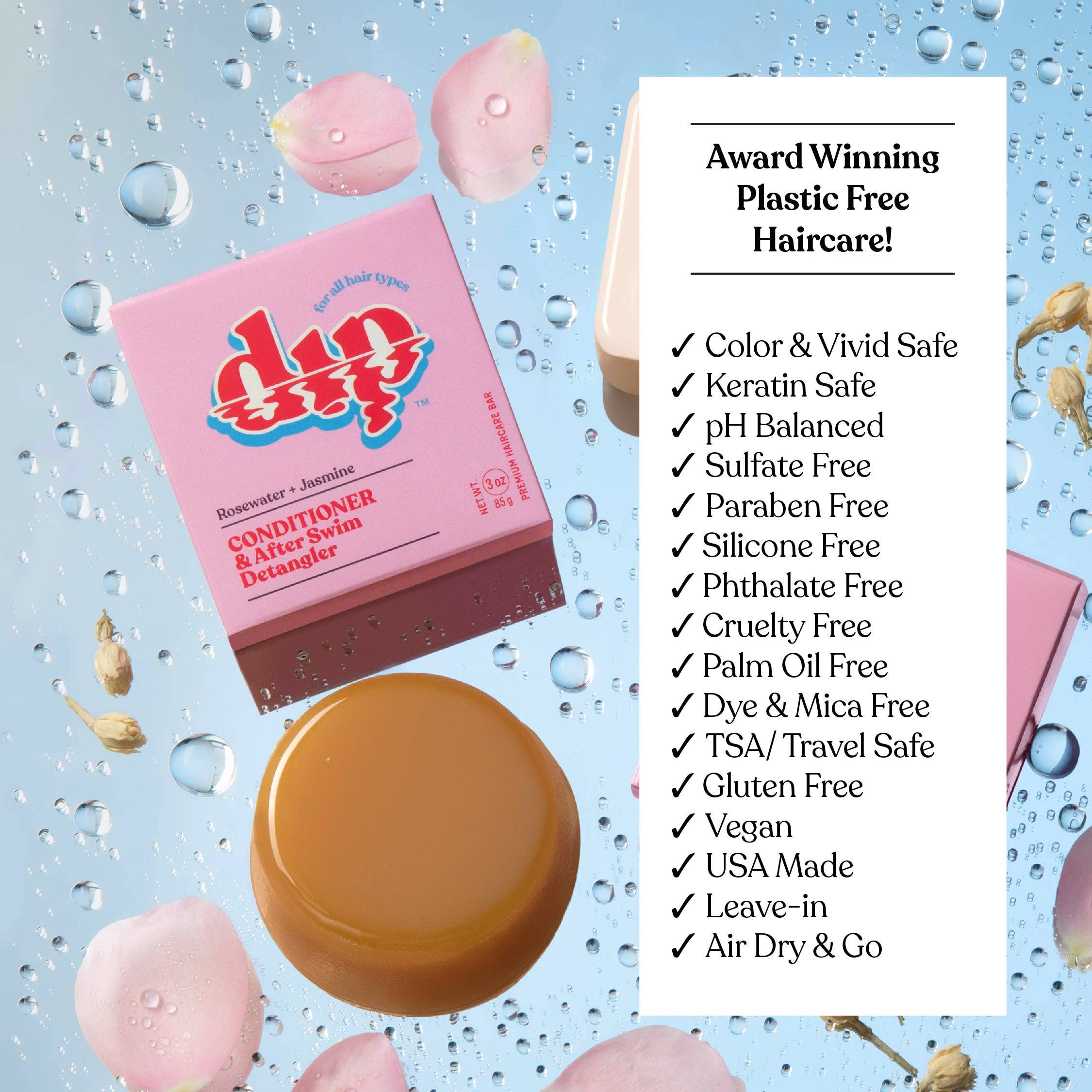 Full-Size Rosewater & Jasmine Conditioner Bar & After Swim Detangler by Dip