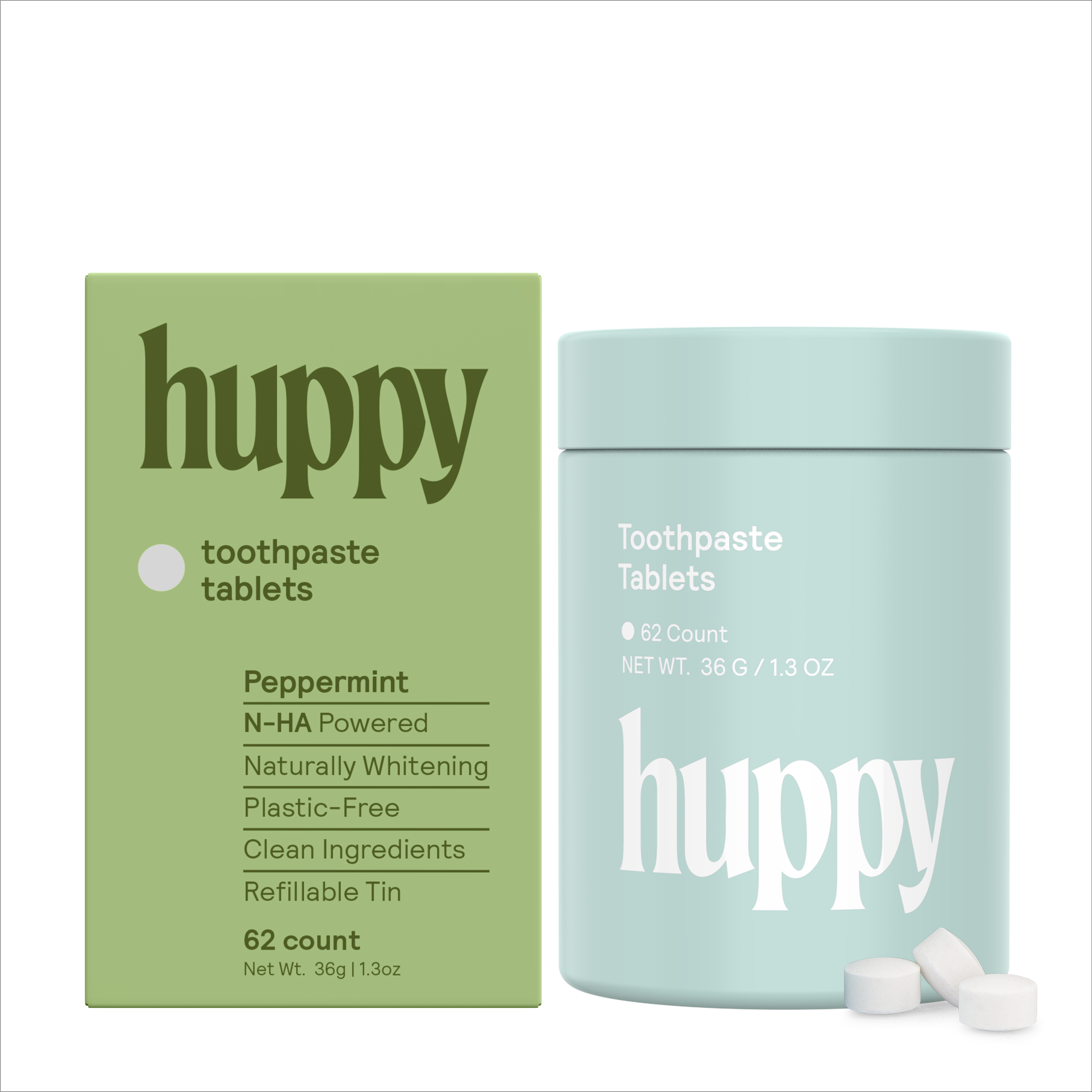 Fluoride-Free Toothpaste Tablets, Packaged: Peppermint by Huppy