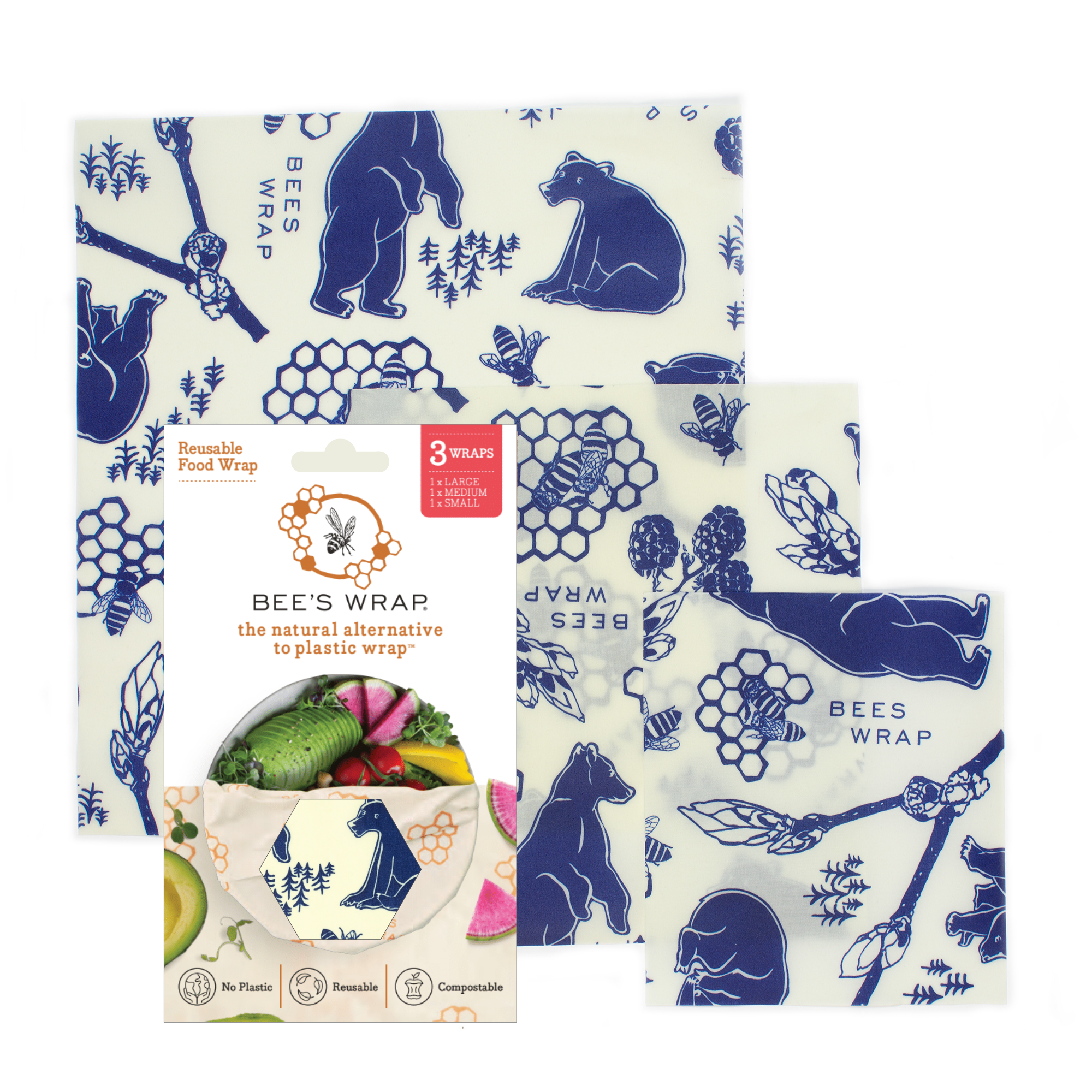 Reusable Beeswax Food Wrap - Set of 3 Wraps: Small, Medium, Large by Bee's Wrap