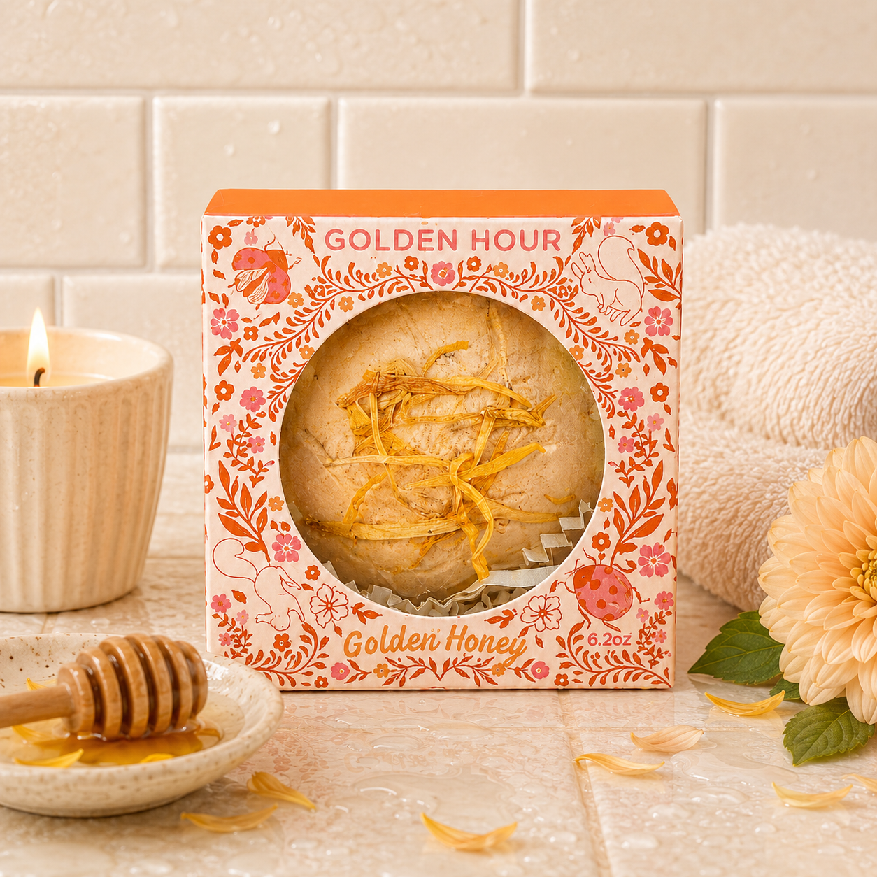 The Golden Hour Bath Bomb in Golden Honey by Sow the Magic