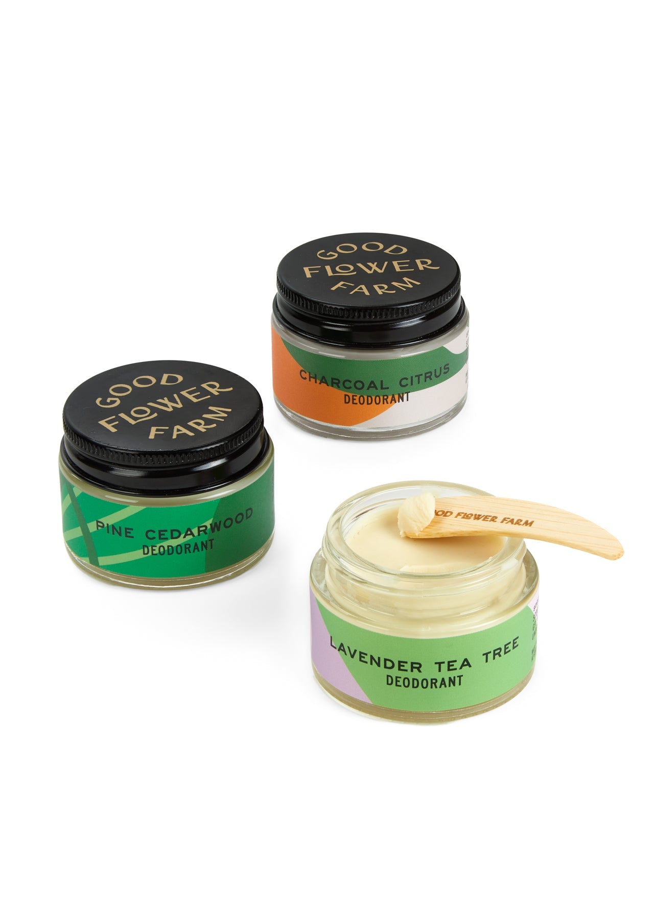 The Good Flower Farm Lavender Tea Tree Deodorant Jar comes with a bamboo applicator. This aluminum-free, natural cream is gentle on sensitive skin and features the calming scent of lavender and tea tree.