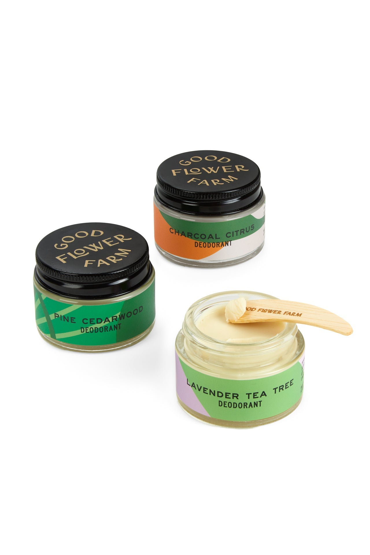 The Good Flower Farm Lavender Tea Tree Deodorant Jar comes with a bamboo applicator. This aluminum-free, natural cream is gentle on sensitive skin and features the calming scent of lavender and tea tree.