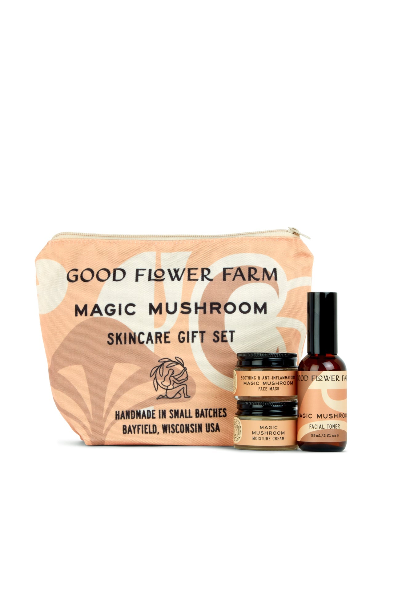 The Magic Mushroom Skincare Gift Set by Good Flower Farm features a patterned pouch and two nutrient-rich, handmade products: Magic Mushroom Moisture Cream and Facial Toner, crafted in Bayfield, Wisconsin, USA.
