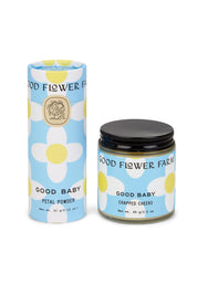 Good Flower Farm’s Good Baby Gift Set features blue and white floral packaging and includes a gentle herbal baby powder and nourishing diaper balm, both made with botanical ingredients.