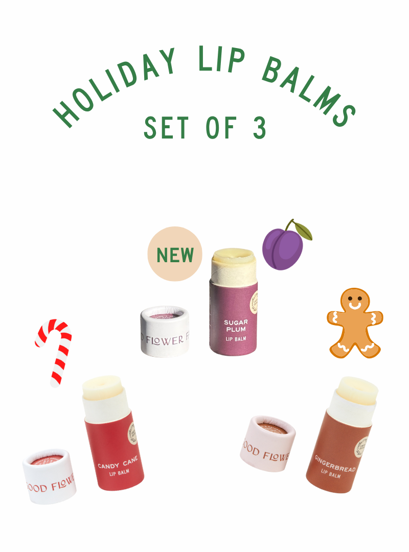 The SEASONAL LIMITED Holiday Lip Gift Set - NEW from Good Flower Farm features three nourishing lip balms in festive flavors with coconut oil, all in biodegradable packaging. Text reads “Holiday Lip Gift Set of 3.”.