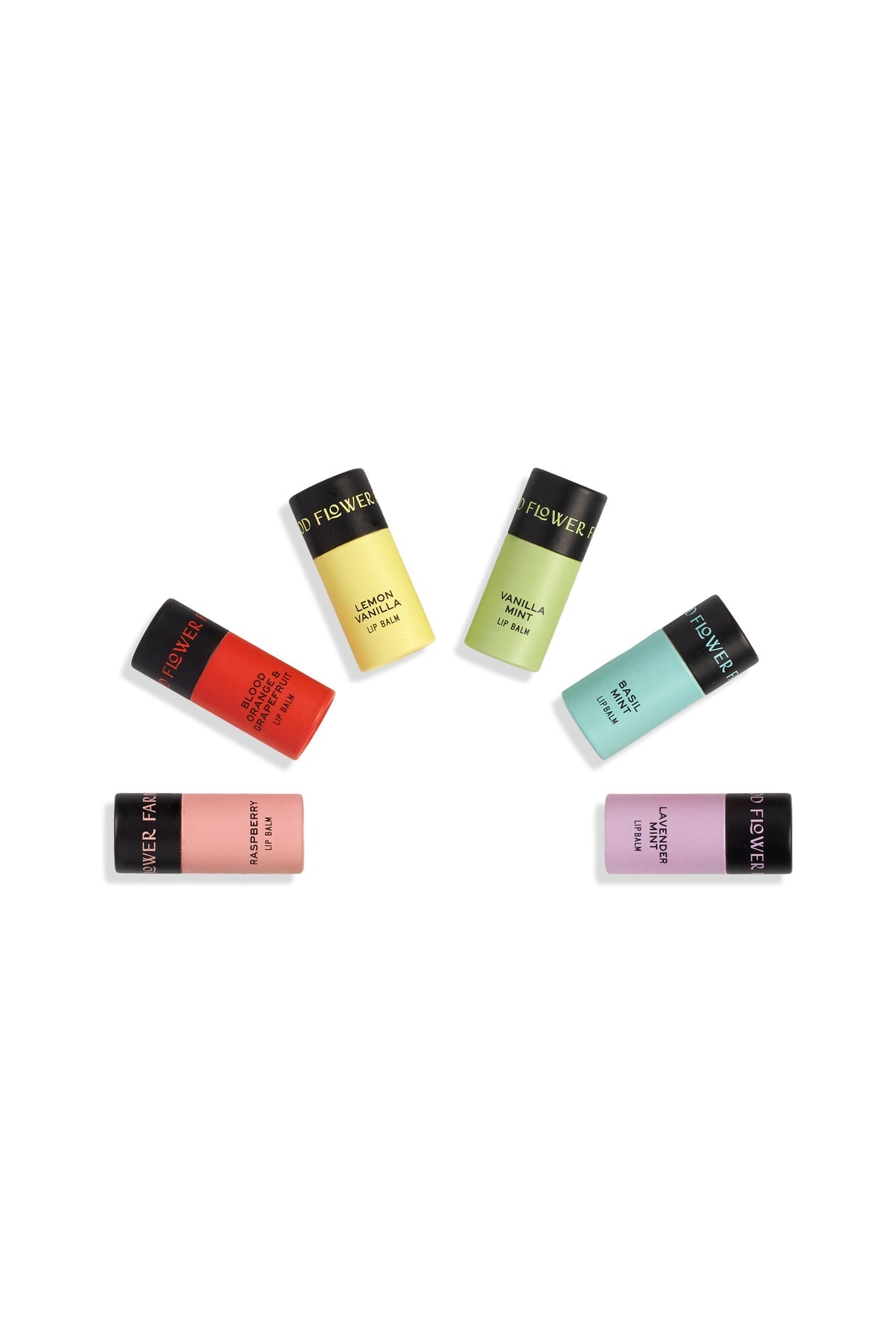 The Rainbow Organic Lip Balm Set of 6 by Good Flower Farm features biodegradable tubes in vanilla, mint, coconut, strawberry, watermelon, and peach flavors arranged in a semi-circle on a white background.