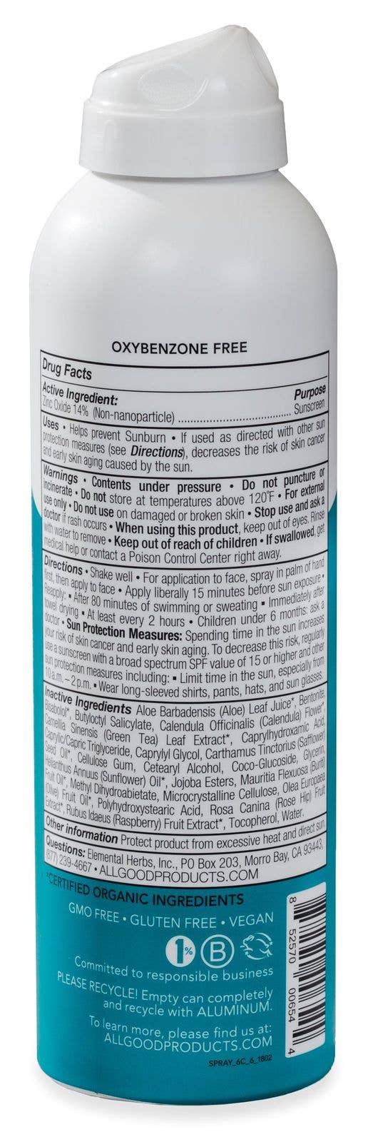 Sport Mineral Sunscreen Spray SPF 30 by All Good Body Care