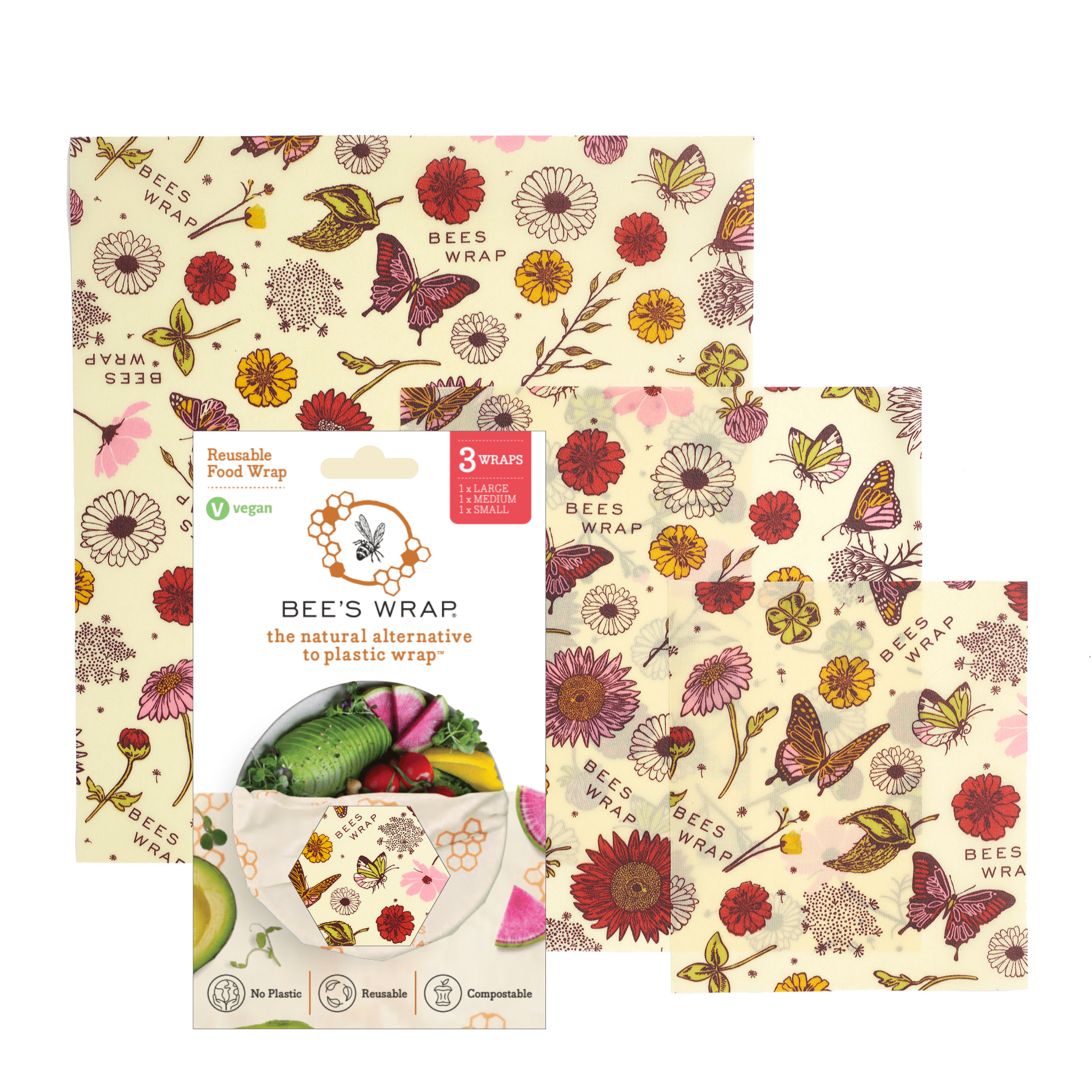 Reusable Beeswax Food Wrap - Set of 3 Wraps: Small, Medium, Large by Bee's Wrap