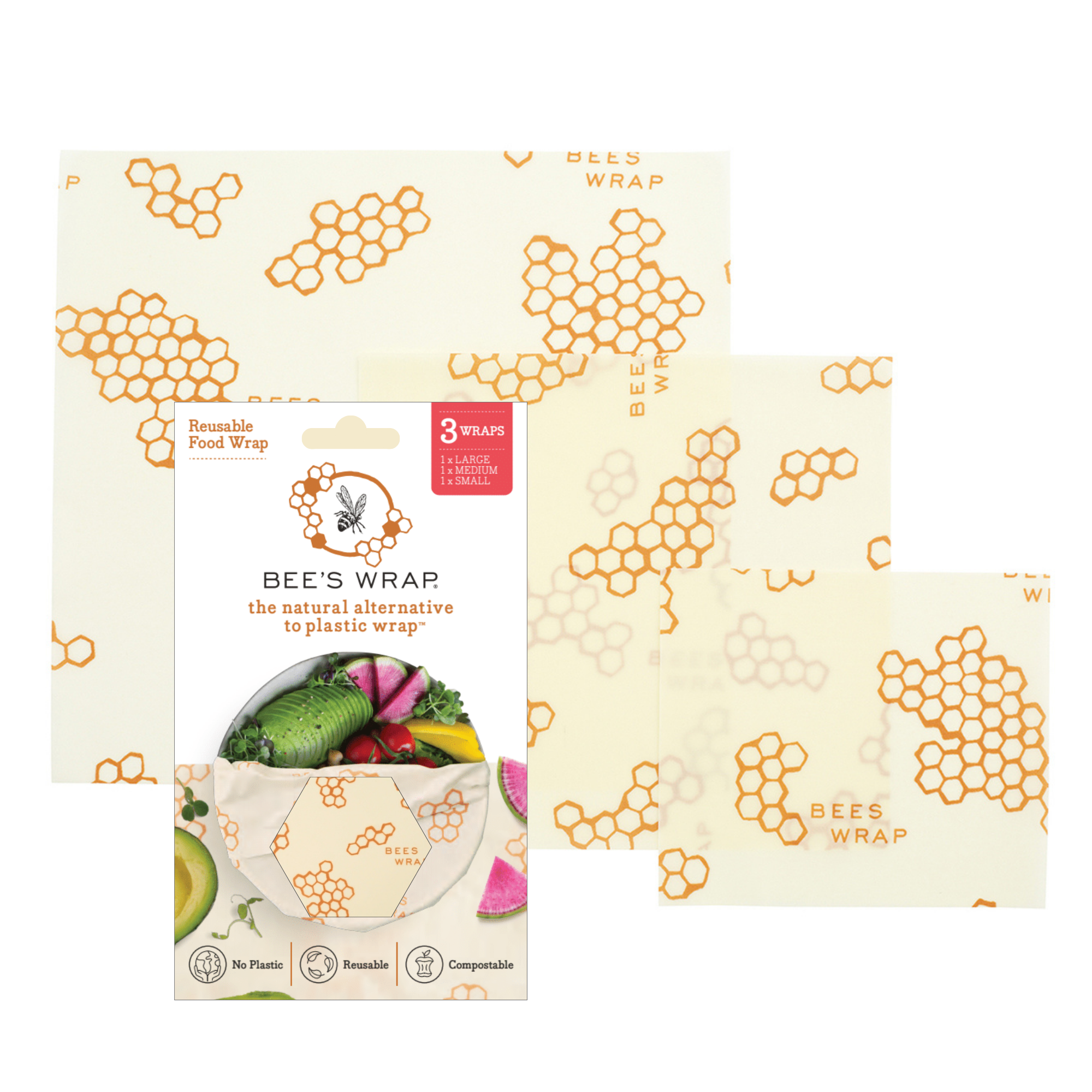 Reusable Beeswax Food Wrap - Set of 3 Wraps: Small, Medium, Large by Bee's Wrap